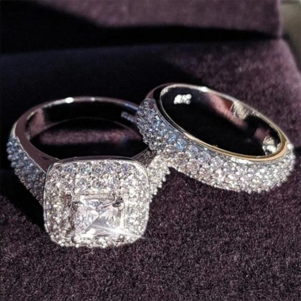 NEW 2PC/SET 925 STERLING SILVER DIAMOND RING, CUTE RING, SHINY RING. - Picture 2 of 5